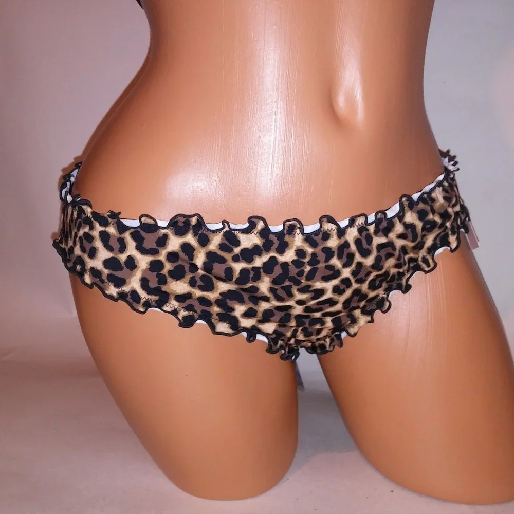Victoria Secret Swim Bikini 36D Top Medium Cheeky Bottom Black Leopard Ruffle